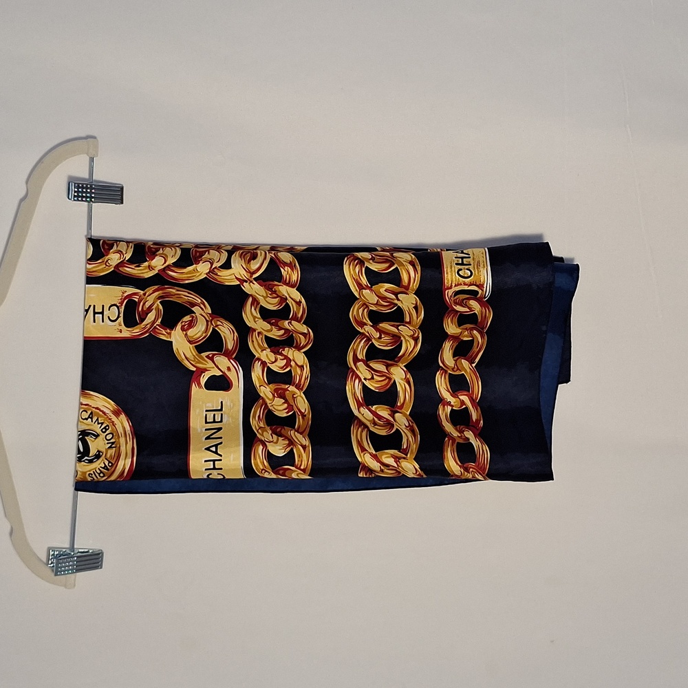 CHANEL Navy Blue and Gold Chain Print Silk Scarf